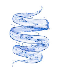 Blue splashes of water in a swirling shape, isolated on white background