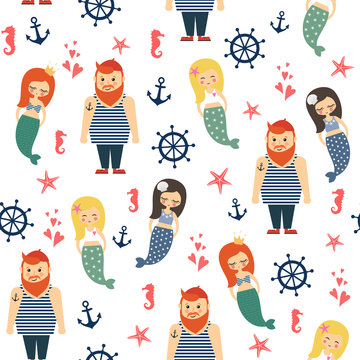 Mermaids girls with sailor, anchor, starfish seamless pattern on white background. Vector sea background for kids. Child drawing style cartoon underwater illustration.Design for fabric, textile, decor