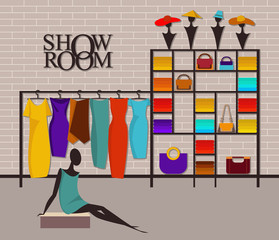 Vector illustration modern loft interior showroom fashion. Mannequins, furniture, hangers for womens dresses in the flat style. Closet with clothes, hats and bags