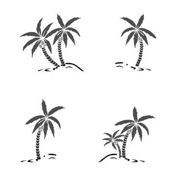 Palm trees silhouette on island. Vector illustration. Tropical exotic plant isolated on background. Modern hipster style apparel, poster, brochure design.