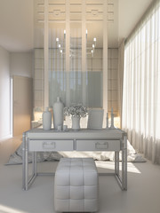3d illustration of an interior design of a bedroom in Scandinavian style. Visualization of a bedroom without textures and materials in gray tones. White room render 
