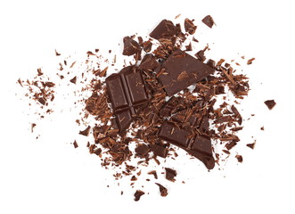 Pile chopped, milled chocolate isolated on white, top view