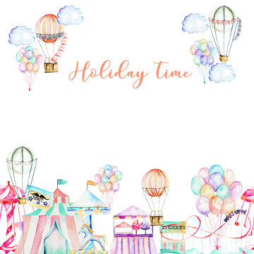 Card template with watercolor elements of amusement park, hand drawn isolated on a white background, carousels, aerostats, air balloons and other