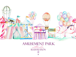 Illustration with watercolor elements of amusement park, hand drawn isolated on a white background, decor print