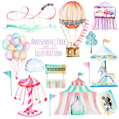 Illustration set with watercolor elements of amusement park, hand drawn isolated on a white background, carousels, aerostats, air balloons and other