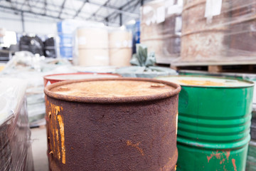 Rusty barrels with toxic chemical waste
