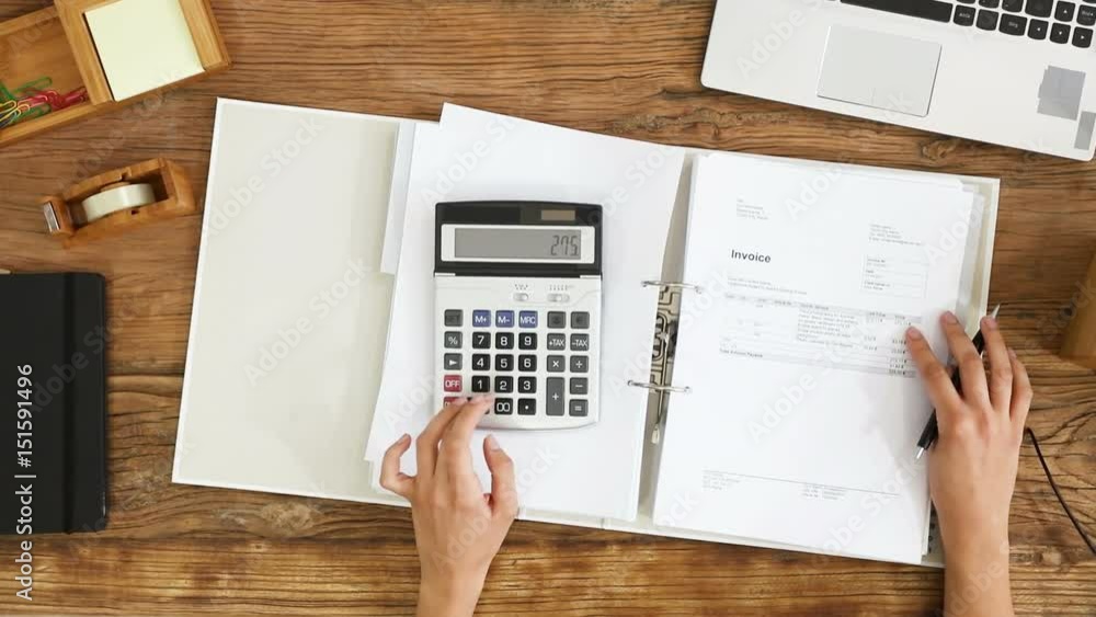 Poster businesswoman calculating invoice using calculator
