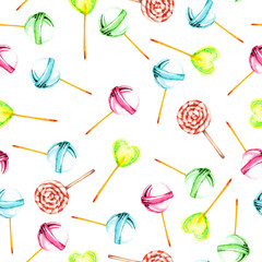 Seamless pattern with watercolor lollipop, hand drawn isolated on a white background