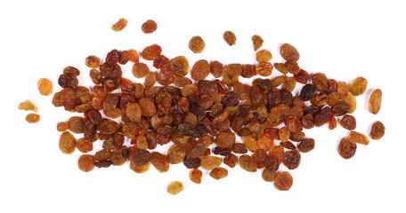 Pile of raisins isolated on white background, top view
