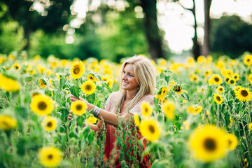 Naklejka na ściany i meble portrait of beautiful young blonde woman grabbing sunflower and smiling again