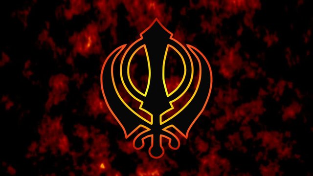 The main symbol of Sikhism &ndash; sign Khanda, on the background of fire and smoke.