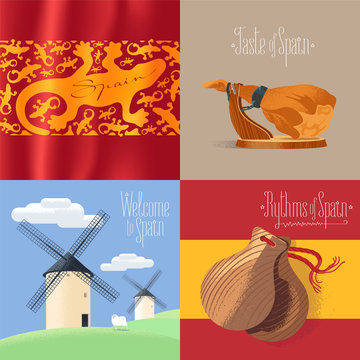 Set of vector illustrations with Spanish symbols - mills, jamon, etc