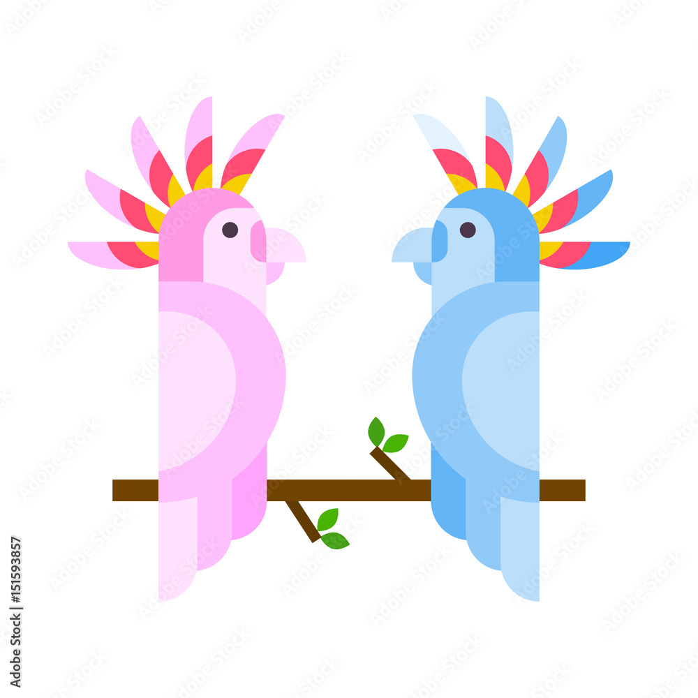 Wall mural Cartoon tropical parrot wild animal bird vector illustration and wildlife cute feather zoo color nature vivid perch tropics fly couple jungle pretty macaw.