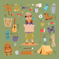 Camping stickers in hand drawn style vector character