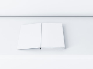 Opened white Book Mockup on white table bureau, Title front page, 3d rendering