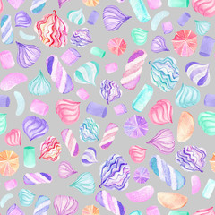 Seamless pattern with watercolor marshmallow, hand drawn isolated on a grey background