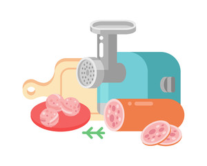 Meat products ingredient and rustic elements preparation equipment food flat vector illustration.