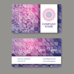 Set of business cards. Vintage pattern in retro style with mandala. Hand drawn Islam, Arabic, Indian, lace pattern.