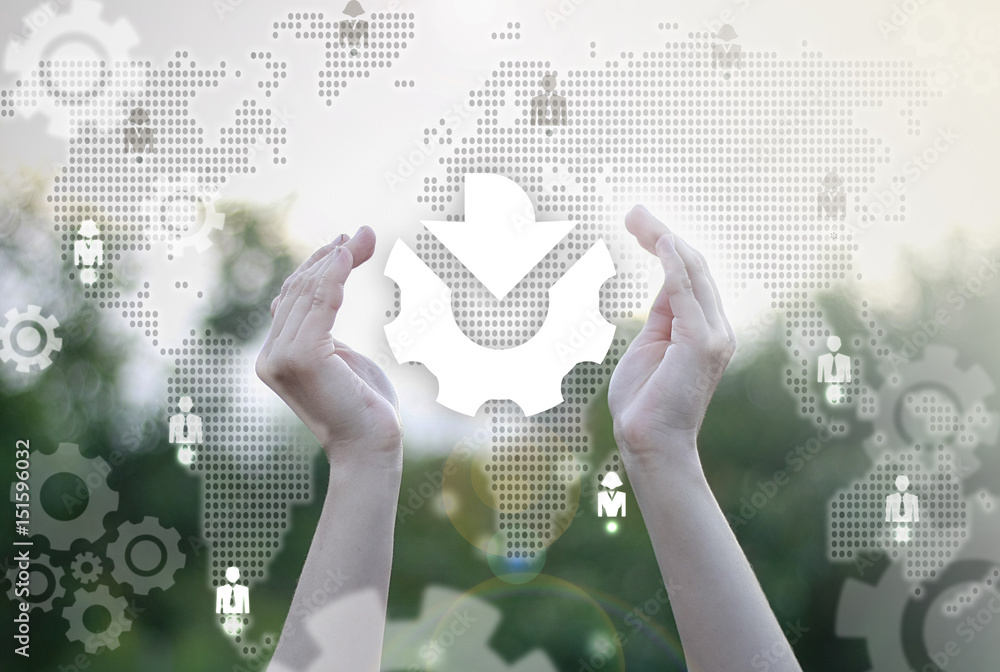 Poster hands represent cogwheel arrow icon on virtual screen. social network business concept. global plane