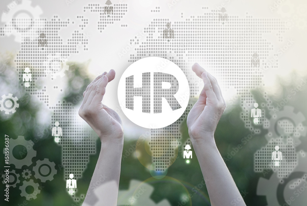 Sticker HR business concept. Human Resources recruitment technology. Hands offers hr circle icon on virtual screen on background of network people. Job office communication social media.