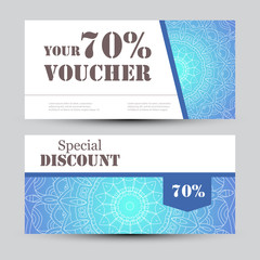 Gift voucher template with mandala. Design certificate for sport center, magazine or etc. Vector gift coupon with ornament on background