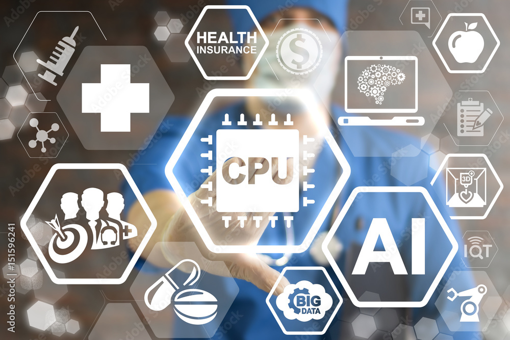 Poster cpu microchip health care computing it integration modernization web concept. doctor touched microci