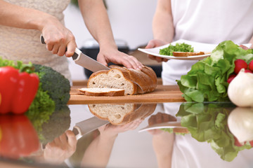 Obraz na płótnie Canvas Closeup of two women are cooking in a kitchen. Friends having fun while preparing fresh salad