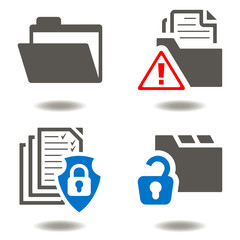 File Security Vector Icon Set. Cyber Data Protection Illustration. Safety access folder archive computing web. Privacy document shield lock internet confidential secure information technology icons.