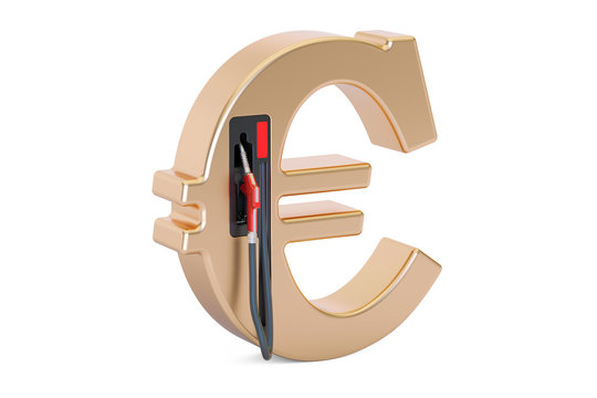 Euro symbol with fuel pump nozzle, 3D rendering