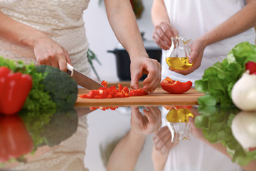 Closeup of two women are cooking in a kitchen. Friends having fun while preparing fresh salad
