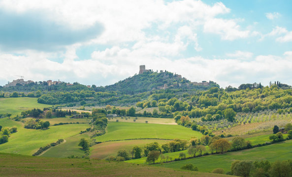 Landscape of tuscan countryside and Castiglione d'Orcia fortress