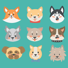 Funny cartoon dog character heads bread cartoon puppy friendly adorable canine vector illustration.
