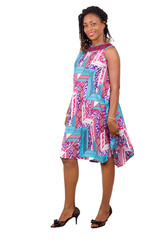 Full portrait of a smiling young woman wearing a loincloth.