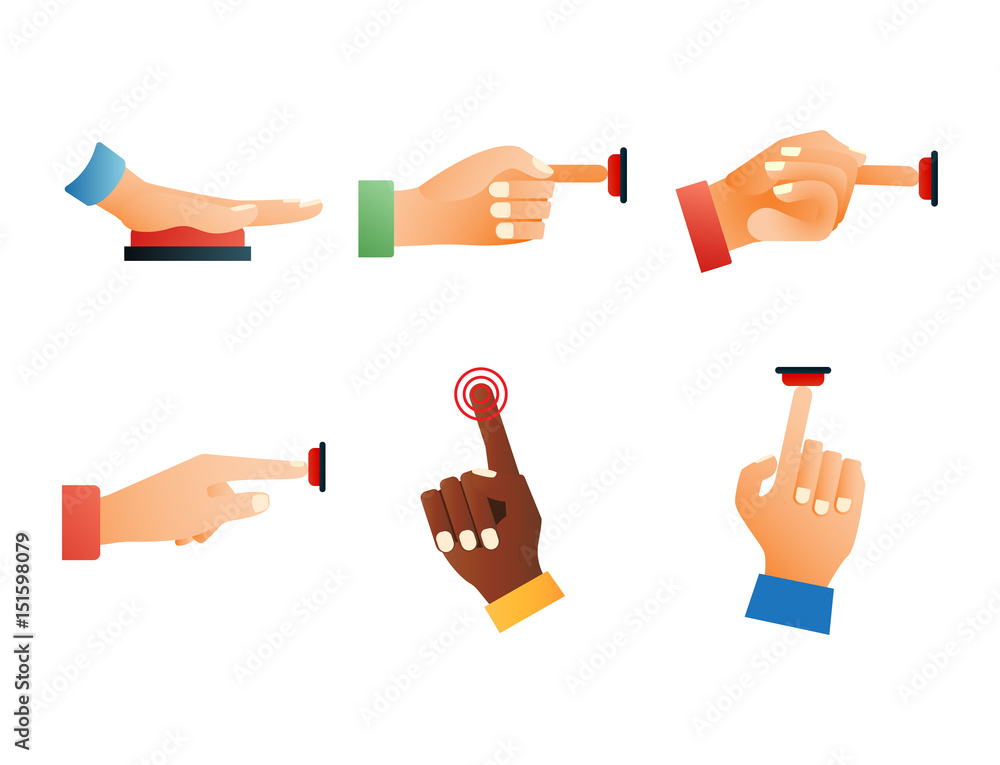 Aufkleber hand press red button finger press control push pointer gesture human body part vector illustration.