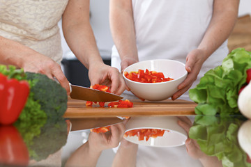 Closeup of two women are cooking in a kitchen. Friends having fun while preparing fresh salad