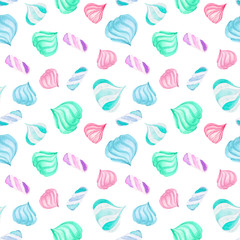 Seamless pattern with watercolor marshmallow, hand drawn isolated on a white background