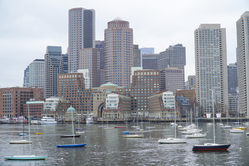 Obraz na płótnie Canvas Skyline of Boston - view from Boston Harbor - BOSTON , MASSACHUSETTS - APRIL 3, 2017