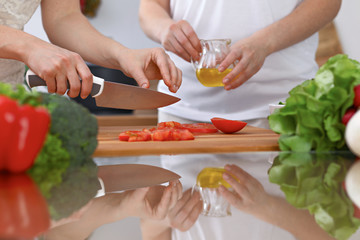 Closeup of two women are cooking in a kitchen. Friends having fun while preparing fresh salad