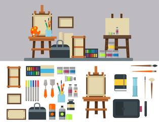Painting art tools palette icon set flat vector illustration details stationery creative paint equipment.