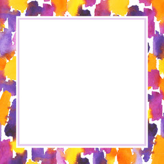 Frame watercolor. Hand painted background pink, orange, yellow, purple stains isolated on white. Abstract painting.