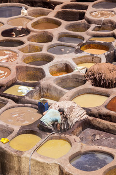 Fes el Bali worker the dye pots at leather traditional tanneries in the ancient medina, in Fez