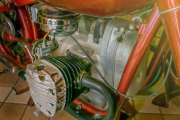 Side view of an old classic motorbike engine.Old motorbike engine.