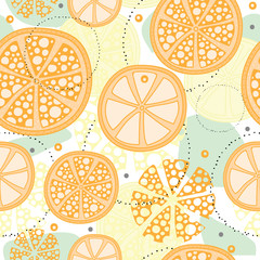 Seamless pattern with abstract orange fruit, lemon, green circles and dots. Summer motif for card, textile, banners.