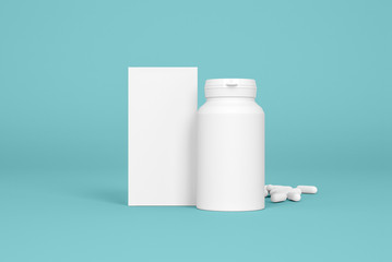 Box and bottle of pills on the blue background. Pharmacy mockups for meds presentations, BADs and other kinds of pharmaceutical products. Front view. - 151603032