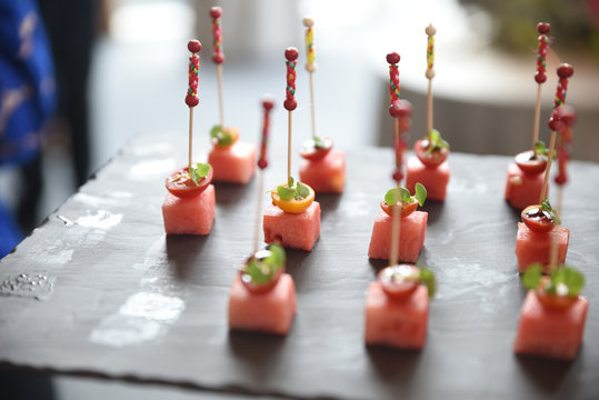 Tray of canap&eacute;s, close-up
