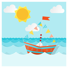 Colorful paper ship sailing on the sea, vector , illustration