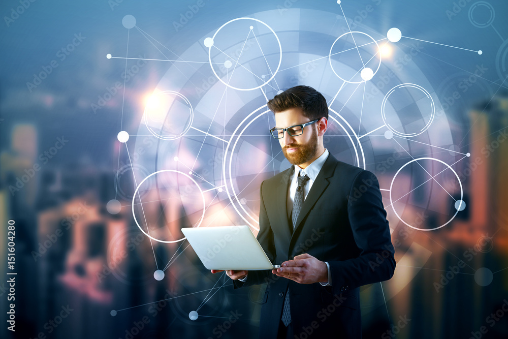 Aufkleber man using laptop with business chart