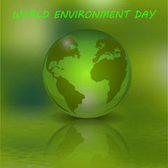 An inscription with an afternoon environment. The globe and its reflection. Green ecological background. illustration