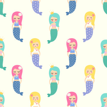 Cute mermaids girls with colorful hairs seamless pattern on white background. Vector sea background for kids. Child drawing style cartoon underwater illustration. Design for fabric, textile, decor.