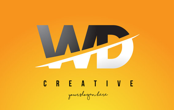 WD W D Letter Modern Logo Design with Yellow Background and Swoosh.